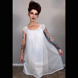 1960s Lt Blue Vanity Fair Slip Dress Lingerie Double Layered Gown Lace Aline M